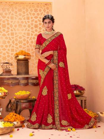 Adorn The Pretty Angelic Look Wearing This Heavy Designer Paich Butta Border And Diamond Work Saree In Fine Color Paired With Blouse. This Saree Is Fabricated On Vichitra Silk Paired With  Blouse.