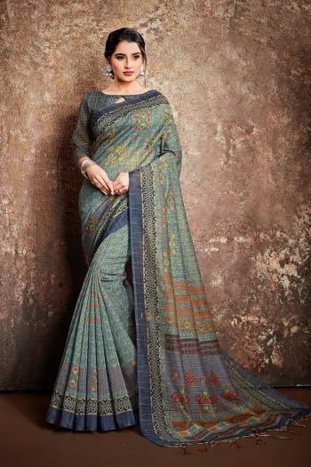 This Party Wear Saree Are Fine Saree Paired With Blouse.This Heavy Wevon Designer With Digital Printed Saree And Blouse Are Green Silk Fabric. Buy This Pretty Saree Now.