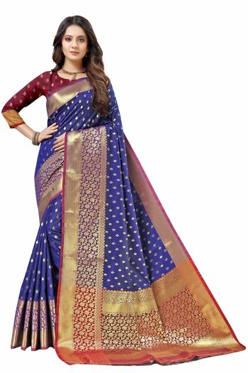 Look Attractive Wearing This Partywear Saree Are Fine Saree Paired With Blouse.  This Heavy Designer Wevon Work Saree And Blouse Are Lichi Silk Based Fabric. Buy This Pretty Saree Now.