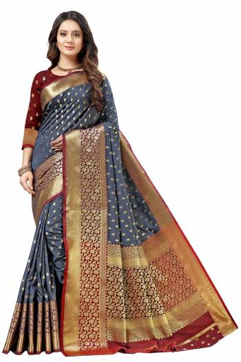 Look Attractive Wearing This Partywear Saree Are Fine Saree Paired With Blouse.  This Heavy Designer Wevon Work Saree And Blouse Are Lichi Silk Based Fabric. Buy This Pretty Saree Now.