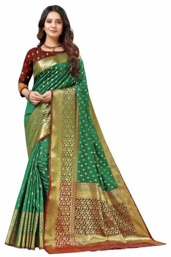 Look Attractive Wearing This Partywear Saree Are Fine Saree Paired With Blouse.  This Heavy Designer Wevon Work Saree And Blouse Are Lichi Silk Based Fabric. Buy This Pretty Saree Now.