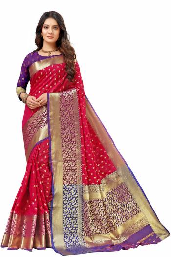 Look Attractive Wearing This Partywear Saree Are Fine Saree Paired With Blouse.  This Heavy Designer Wevon Work Saree And Blouse Are Lichi Silk Based Fabric. Buy This Pretty Saree Now.