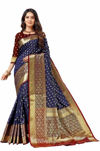 Look Attractive Wearing This Partywear Saree Are Fine Saree Paired With Blouse.  This Heavy Designer Wevon Work Saree And Blouse Are Lichi Silk Based Fabric. Buy This Pretty Saree Now.