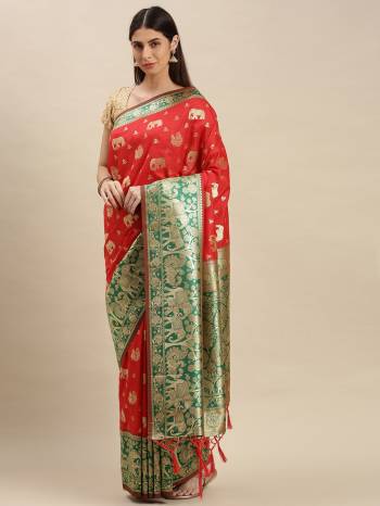 Attractive Wearing Look This Partywear Saree Are Fine Saree Paired With Blouse.  This Heavy Designer Weaving Work Saree And Blouse Are Banarasi Silk Based Fabric. Buy This Pretty Saree Now.