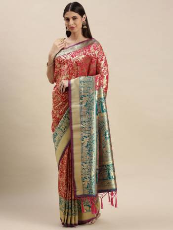 Attractive Wearing Look This Partywear Saree Are Fine Saree Paired With Blouse.  This Heavy Designer Weaving Work Saree And Blouse Are Banarasi Silk Based Fabric. Buy This Pretty Saree Now.