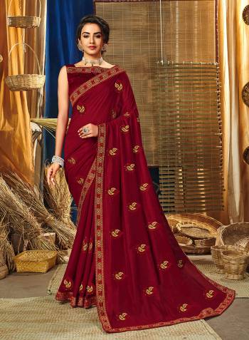 Look Attractive Wearing This Fine Colored Saree Paired With Blouse.This Heavy Designer Embroidery Saree Is Vichitra Silk Based Which Gives A Rich Look To Your Personality. Buy This Pretty Saree Now.