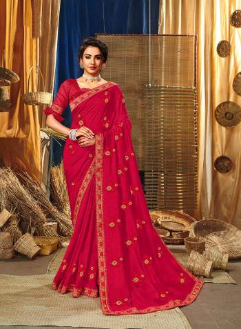 Look Attractive Wearing This Fine Colored Saree Paired With Blouse.This Heavy Designer Embroidery Saree Is Vichitra Silk Based Which Gives A Rich Look To Your Personality. Buy This Pretty Saree Now.