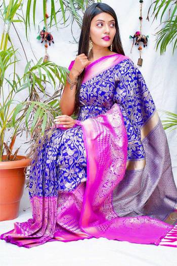 Looking This Partywear Saree Are Fine Saree Paired With Blouse.  This Designer Wevon Jari Work Saree And Blouse Are Banarasi Silk Fabric. Which Gives A Rich Look To Your Personality. Buy This Pretty Saree Now.