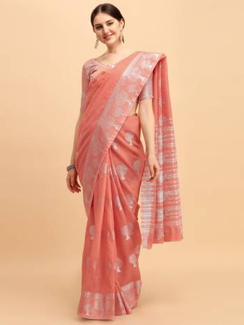 Attrective Look This Partywear Saree Are Fine Saree Paired With Blouse.  This Designer Wevon Jari Work Saree And Blouse Are Banarasi Cotton Fabric. Which Gives A Rich Look To Your Personality. Buy This Pretty Saree Now.