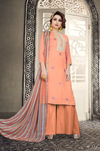 This Designer Long Length Suit In Lovely Light Color.?Its Pretty Designer Embroidred And Hand Work Top Is Masleen Based Paired With Santoon Bottom And Chiffon Fabricated Dupatta By Digital Printed Which Gives An Attractive To The Suit.