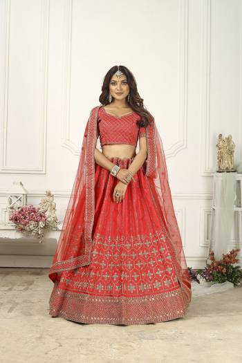 Attrective Partywear Heavy Designer Lehenga Choli In Fine Color Fabricated On Silk Beautified And Dupatta Are Net With Heavy Attractive Embroidery Work. 