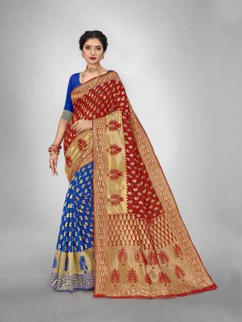  This Fine Colored Saree Paired With Blouse.This Heavy Designer Wevon Saree Is Art  Silk Based And Blouse Which Gives A Rich Look To Your Personality. Buy This Pretty Saree Now.