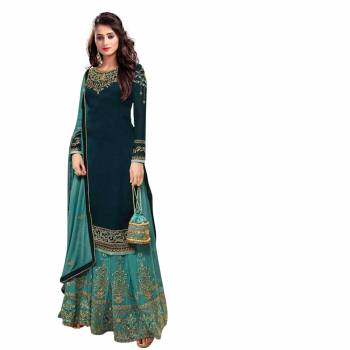 Look Pretty This Designer Floor Length Suit In Lovely Color.?Its Pretty Embroidred Top Is Satin Georgette Based Paired With Santoon Bottom And Nazmeen Fabricated Embroidered Dupatta Which Gives An Attractive To The Suit.