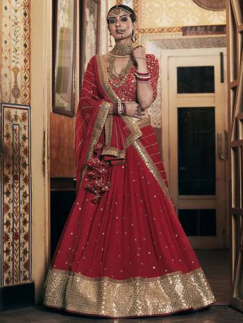 Look Attrective Bridal Partywear Heavy Designer Lehenga Choli And Dupatta In Red Color Fabricated On Georgette Beautified With Heavy Attractive Jari,Thread,Seaquance Embroidery. 