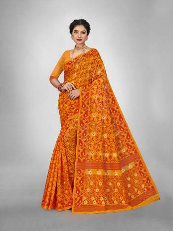 Look This Fine Colored Saree Paired With Blouse.This Heavy Designer Wevon Saree Is Cotton Based And Blouse Which Gives A Rich Look To Your Personality. Buy This Pretty Saree Now.