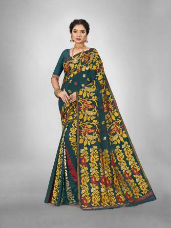 Look This Fine Colored Saree Paired With Blouse.This Heavy Designer Wevon Saree Is Cotton Based And Blouse Which Gives A Rich Look To Your Personality. Buy This Pretty Saree Now.