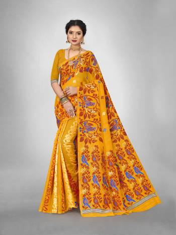 Look This Fine Colored Saree Paired With Blouse.This Heavy Designer Wevon Saree Is Cotton Based And Blouse Which Gives A Rich Look To Your Personality. Buy This Pretty Saree Now.