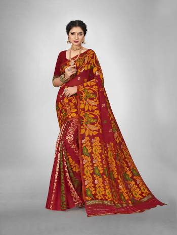 Look This Fine Colored Saree Paired With Blouse.This Heavy Designer Wevon Saree Is Cotton Based And Blouse Which Gives A Rich Look To Your Personality. Buy This Pretty Saree Now.