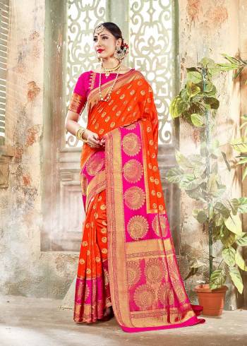 Look Attractive Wearing This Fine Colored Saree Paired With Contreased Blouse.This Heavy Designer Wevon Saree Is Banarasi Silk Based Which Gives A Rich Look To Your Personality. Buy This Pretty Saree Now.