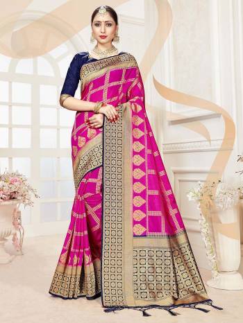 Attractive Wearing This Fine Colored Saree Paired With Contreased Blouse.This Heavy Designer Wevon Saree Is Banarasi Silk Based Which Gives A Rich Look To Your Personality. Buy This Pretty Saree Now.