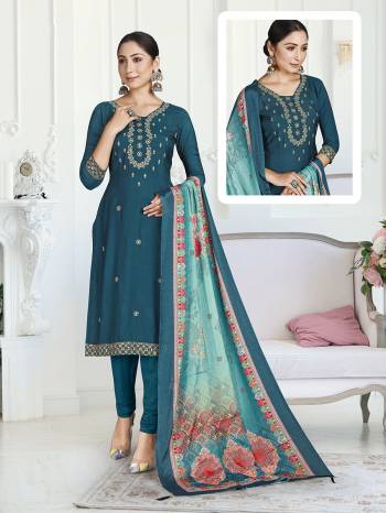 Attrective This Designer Long Length Suit In Lovely Color.?Its Pretty Designer Embroidery Work Top Is Muslin Based Paired With Santoon Bottom And Semi Chinon Fabricated  Digital Printed Dupatta Which Gives An Attractive To The Suit.