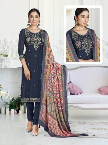 Attrective This Designer Long Length Suit In Lovely Color.?Its Pretty Designer Embroidery Work Top Is Muslin Based Paired With Santoon Bottom And Semi Chinon Fabricated  Digital Printed Dupatta Which Gives An Attractive To The Suit.