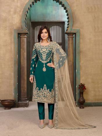 Looking This Designer Long Length Suit In Lovely Color.?Its Pretty Designer Embroidery Work With Diamond Work Top Is Faux Georgette Based Paired With Santoon Bottom And Net Fabricated  Digital Printed Dupatta Which Gives An Attractive To The Suit.