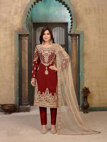 Looking This Designer Long Length Suit In Lovely Color.?Its Pretty Designer Embroidery Work With Diamond Work Top Is Faux Georgette Based Paired With Santoon Bottom And Net Fabricated  Digital Printed Dupatta Which Gives An Attractive To The Suit.