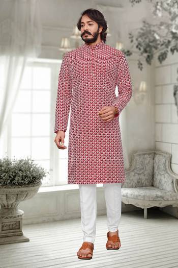 Attrective This Kurta Pajama set is a must have in a men's ethnic wardrobe.This Kurta Are Art Silk Fabric And Pajama Is Cotton Fabric With Lakhnowi Embroidery Work.