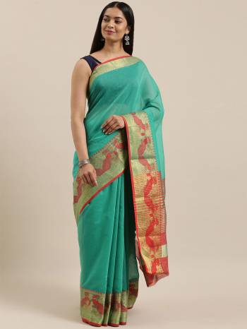 Garb This Partywear Saree Are Fine Saree Paired With Contrasted Blouse.This Saree And Blouse Are Cotton Handloom Fabric With Heavy Wevon Designer Work. Buy This Pretty Saree Now.