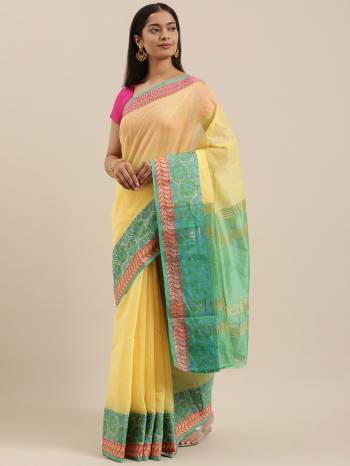 Garb This Partywear Saree Are Fine Saree Paired With Contrasted Blouse.This Saree And Blouse Are Cotton Handloom Fabric With Heavy Wevon Designer Work. Buy This Pretty Saree Now.