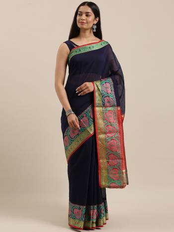 Garb This Partywear Saree Are Fine Saree Paired With Contrasted Blouse.This Saree And Blouse Are Cotton Handloom Fabric With Heavy Wevon Designer Work. Buy This Pretty Saree Now.