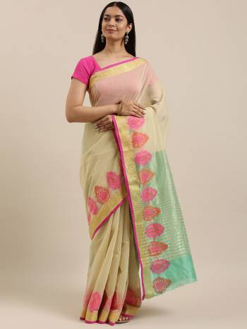 Garb This Partywear Saree Are Fine Saree Paired With Contrasted Blouse.This Saree And Blouse Are Cotton Handloom Fabric With Heavy Wevon Designer Work. Buy This Pretty Saree Now.