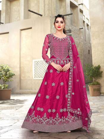 Attrective This Designer Long Length Amarkali In Lovely Color.?Its Pretty Designer Embroidery Work Top Is Butterfly Net Based Paired With Batterfly Net Fabricated Dupatta. Which Gives An Attractive To The Dress.