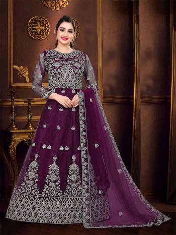 Look Attrective This Designer Long Length Amarkali In Lovely Color.?Its Pretty Designer Embroidery Work Top Is Butterfly Net Based Paired With Batterfly Net Fabricated Dupatta. Which Gives An Attractive To The Dress.