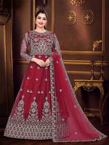 Look Attrective This Designer Long Length Amarkali In Lovely Color.?Its Pretty Designer Embroidery Work Top Is Butterfly Net Based Paired With Batterfly Net Fabricated Dupatta. Which Gives An Attractive To The Dress.