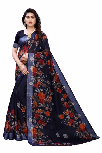 Garb This Partywear Saree Are Fine Saree Paired With Blouse.This Saree And Blouse Are Linen Fabric With Wevon Jari Border With Designer Printed. Buy This Pretty Saree Now.