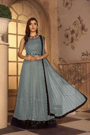 Attrective This Designer Long Length Suits In Lovely Color.?Its Pretty Designer Sequance Embroidery Work Top Is Butterfly Faux Georgette Based Paired Bottom Santoon With Batterfly Nazmin Fabricated Dupatta Which Gives An Attractive To The Dress.