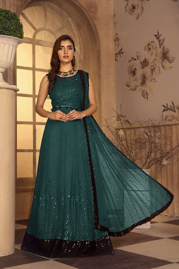 Attrective This Designer Long Length Suits In Lovely Color.?Its Pretty Designer Sequance Embroidery Work Top Is Butterfly Faux Georgette Based Paired Bottom Santoon With Batterfly Nazmin Fabricated Dupatta Which Gives An Attractive To The Dress.