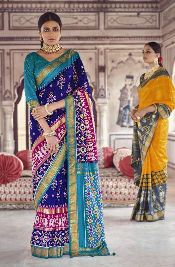 Garb This Partywear Saree Are Fine Saree Paired With Contrasted Blouse.This Saree And Blouse Are Patola Silk With Heavy Wevon Designer Work Based Fabric. Buy This Pretty Saree Now.