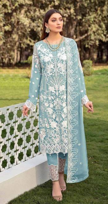 Garb This Designer Long Length Suits In Lovely Color.?Its Pretty Designer Sequance Embroidery Work Top Is Butterfly Faux Georgette Based Paired Bottom Santoon With Batterfly Nazmin Fabricated Dupatta Which Gives An Attractive To The Dress.