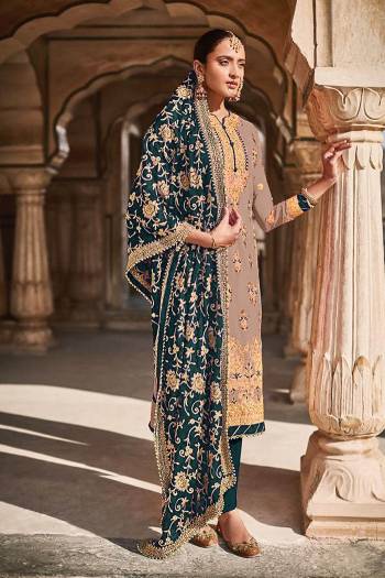 Looking This Designer Long Length Suits In Lovely Color.?Its Pretty Designer Embroidery Work Top Is Butterfly Faux Georgette Based Paired Bottom Santoon With Batterfly Chinon Chiffon Fabricated Dupatta Which Gives An Attractive To The Dress.