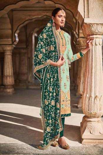 Looking This Designer Long Length Suits In Lovely Color.?Its Pretty Designer Embroidery Work Top Is Butterfly Faux Georgette Based Paired Bottom Santoon With Batterfly Chinon Chiffon Fabricated Dupatta Which Gives An Attractive To The Dress.