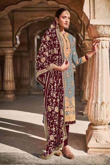 Looking This Designer Long Length Suits In Lovely Color.?Its Pretty Designer Embroidery Work Top Is Butterfly Faux Georgette Based Paired Bottom Santoon With Batterfly Chinon Chiffon Fabricated Dupatta Which Gives An Attractive To The Dress.