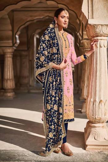 Looking This Designer Long Length Suits In Lovely Color.?Its Pretty Designer Embroidery Work Top Is Butterfly Faux Georgette Based Paired Bottom Santoon With Batterfly Chinon Chiffon Fabricated Dupatta Which Gives An Attractive To The Dress.