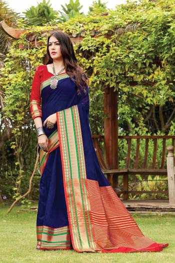 Designer This Partywear Saree Are Fine Saree Paired With Contrasted Blouse.This Saree And Blouse Are Cotton Handloom Fabric With Heavy Wevon Designer Work. Buy This Pretty Saree Now.