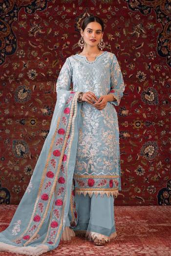 Looking This Designer Long Length Suits In Lovely Color.?Its Pretty Designer Sequance Embroidery Work Top Is Butterfly Faux Georgette Based Paired Bottom Santoon With Batterfly Naznin Fabricated Dupatta Which Gives An Attractive To The Dress.