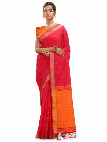 Look This Saree Are Fine Saree Paired With Contrasted Blouse.This Saree And Blouse Are Chanderi Fabric With Weaving Designer Work Based. Buy This Pretty Saree Now.