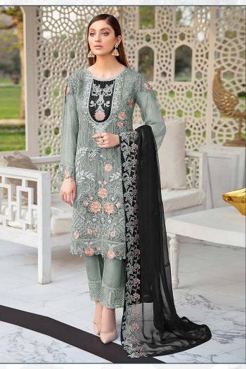 Attrective This Designer Long Length Suits In Lovely Color.?Its Pretty Designer Resham Embroidery Work Top Is Butterfly Faux Georgette Based Paired Bottom Santoon With Batterfly Soft Net Fabricated Dupatta Which Gives An Attractive To The Dress.