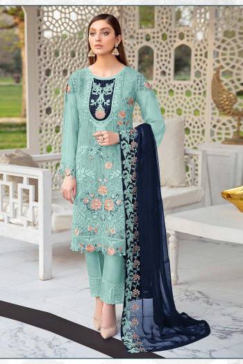 Attrective This Designer Long Length Suits In Lovely Color.?Its Pretty Designer Resham Embroidery Work Top Is Butterfly Faux Georgette Based Paired Bottom Santoon With Batterfly Soft Net Fabricated Dupatta Which Gives An Attractive To The Dress.